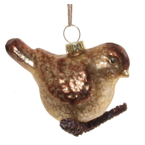 Glass bird brown on glitter branch 9cm