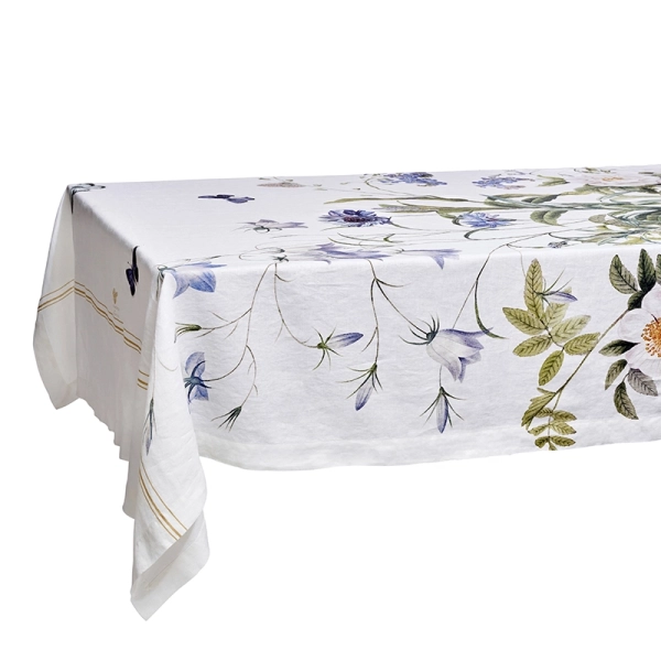 Blue Flower Garden Linen Tablecloth 145x350 cm