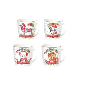 Krus med (kake)boks, hvit hund