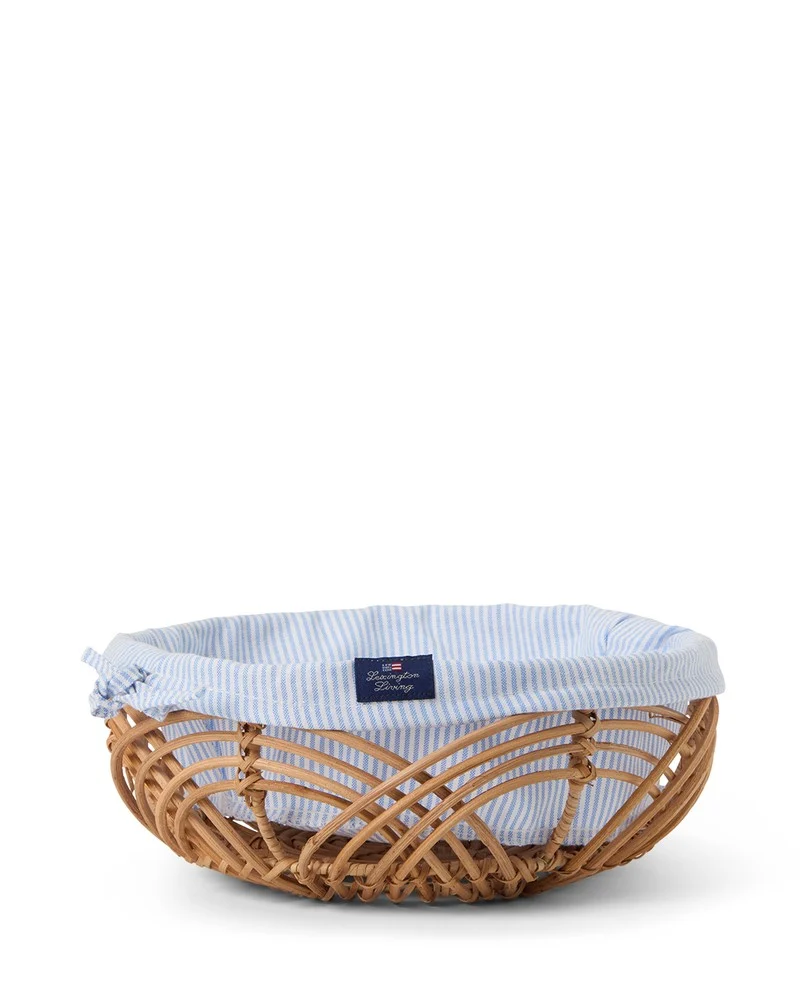 Bølgete rattankurv med fôr, blå/hvit