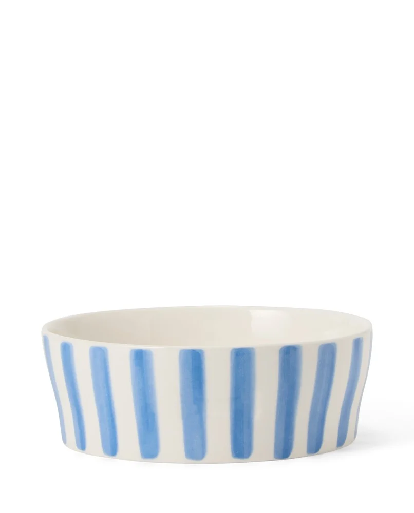 Stripet hundeskål i steingoods, blå/hvit