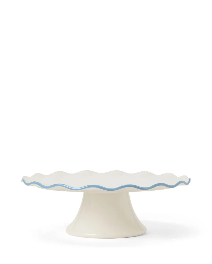 Bølget kakefat i steintøy, hvit/blå