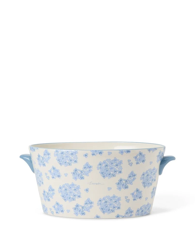 Blomsterpotte med hank i steintøy, blå/hvit