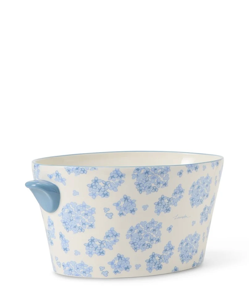 Blomsterpotte med hank i steintøy, blå/hvit - Bilde 2