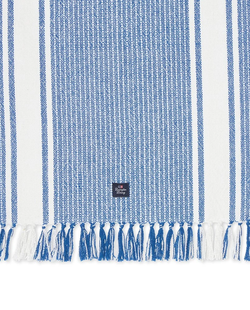 Stripet bordbrikke i økologisk bomull med frynser, hvit/blå - Bilde 2