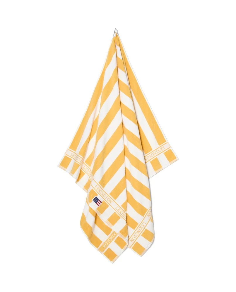 Blokkstripet strandhåndkle i bomullsfrotté, gul - Bilde 3